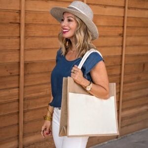 Large Cream Color Canvas Tote Bag. Reusable Shopping Tote. With Front pocket NEW